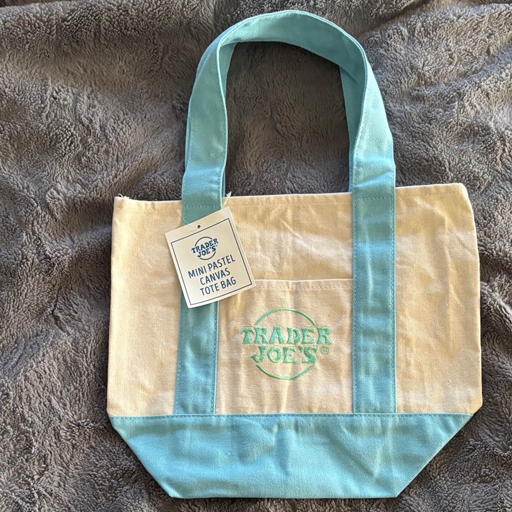 NWT in hand Trader Joe’s light blue pastel mini tote